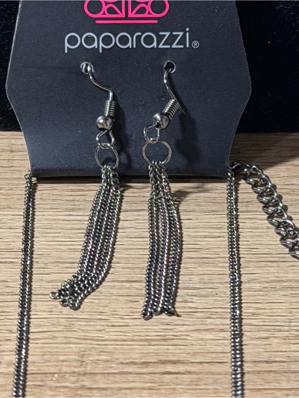 paparazzi Iridescent Gunmetal Multi-Chain Tassel Necklace and Earrings Set